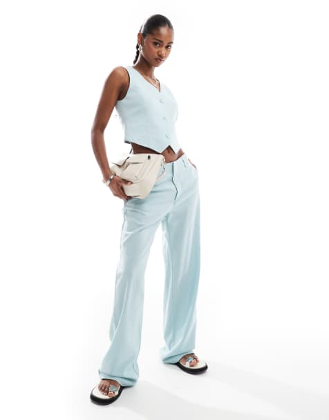 Stradivarius co-ord tailored linen look trouser in blue - view 1
