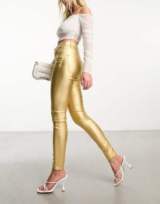 Stradivarius coated high waist jean in gold