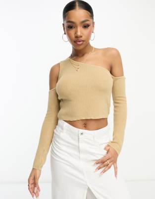 Stradivarius Cold Shoulder Open Knit Top In Camel-black