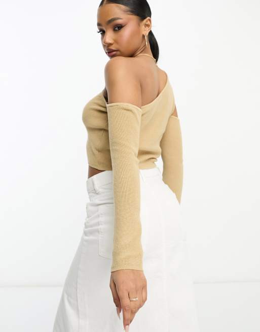 Beige cold shoulder top hot sale