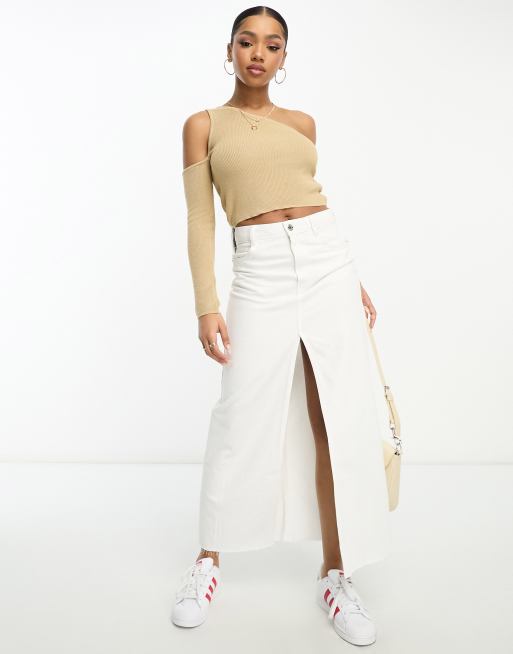 Stradivarius cold shoulder open knit top in camel | ASOS