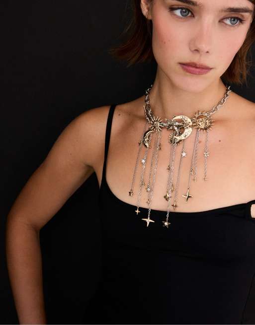 Stradivarius collana con charm multipli luna e stella grigia, 2 di 4