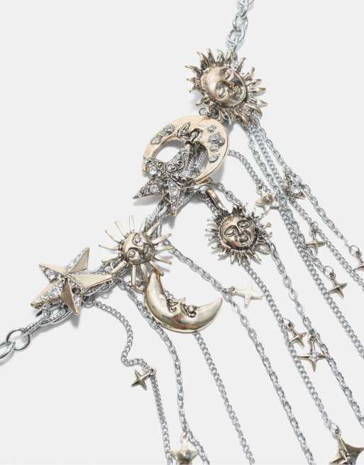 Stradivarius collana con charm multipli luna e stella grigia, 4 di 4