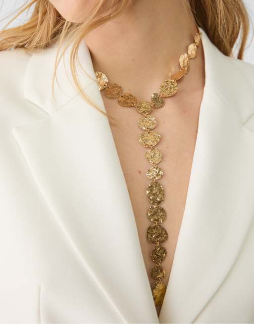 Stradivarius - Collana lariat zigrinata color oro