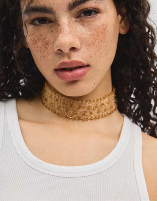 Stradivarius collarino in rete metallica rigida color oro, 2 di 4