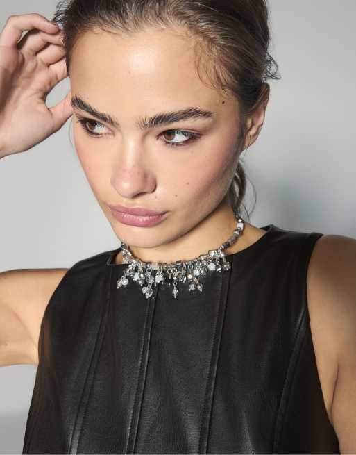 Stradivarius collier ras de cou rigide perlé gris, 3 de 4