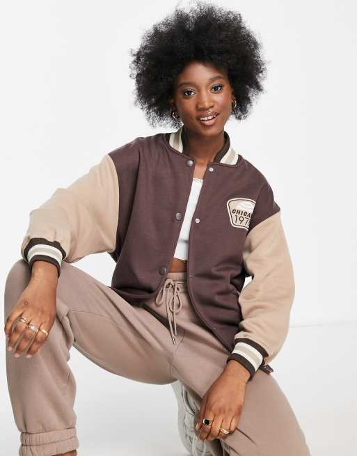 Stradivarius color block varsity jacket in brown