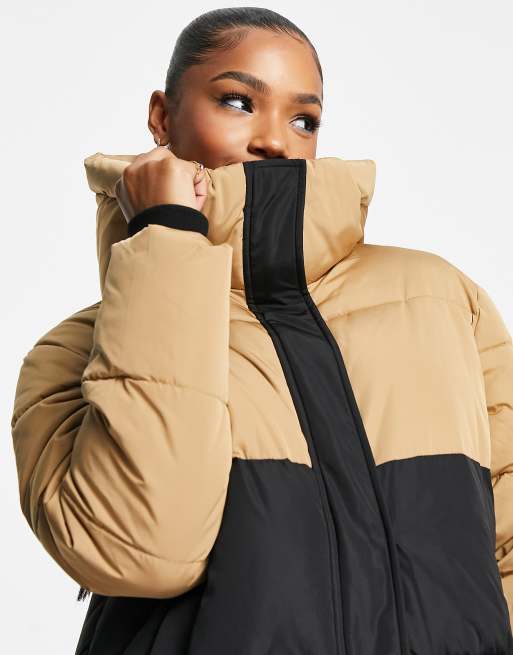 Stradivarius colour block longline padded puffer coat in beige