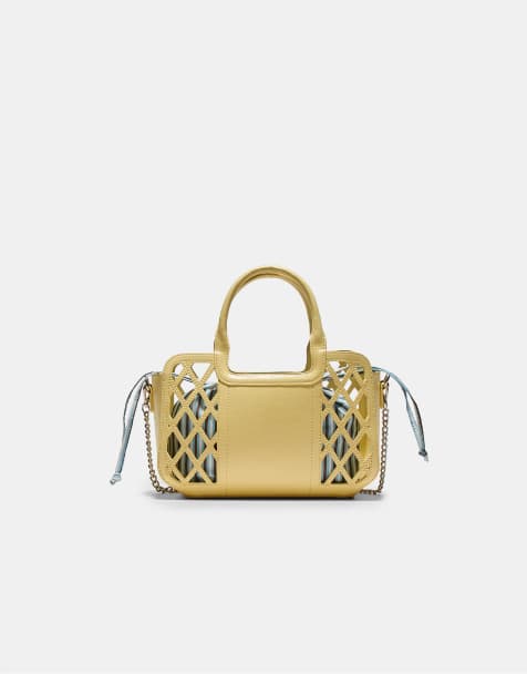 Stradivarius Combined basket tote bag in gold - view 1