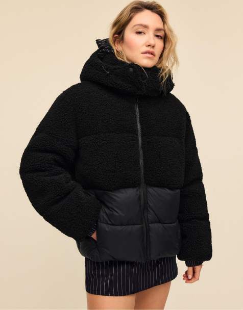 Stradivarius Combined padded coat with faux sheepskin effect in black - view 1
