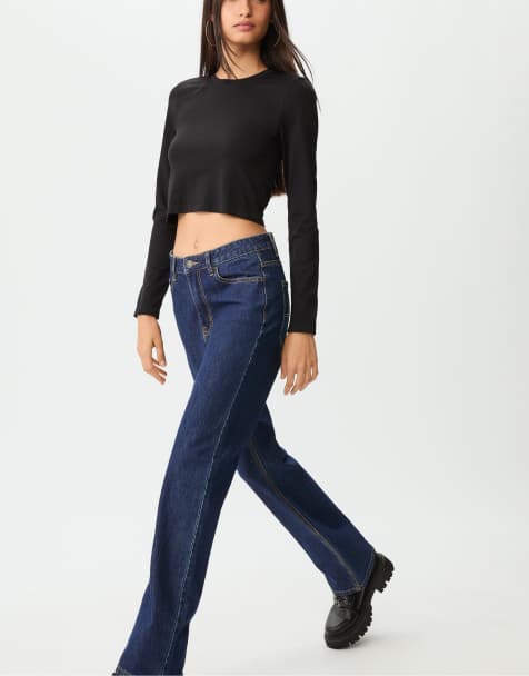 Stradivarius - Comfortabele jeans met rechte pijpen en hoge taille in blauw denim met spoeling - view 1