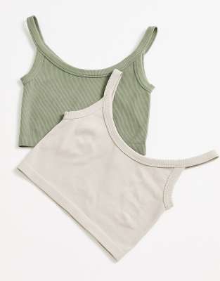 Confezione da 2 canotte a coste senza cuciture kaki e color pietra-Multicolore - Stradivarius T-shirt donna  - immagine1