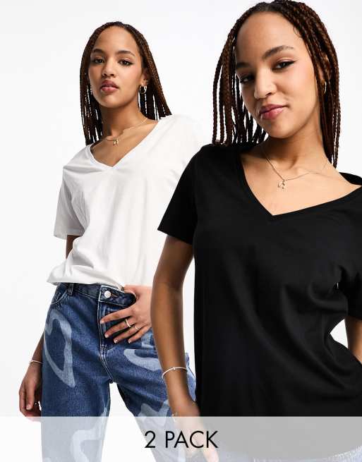 Stradivarius - Confezione da 2 T-shirt con scollo a V nera e bianca 