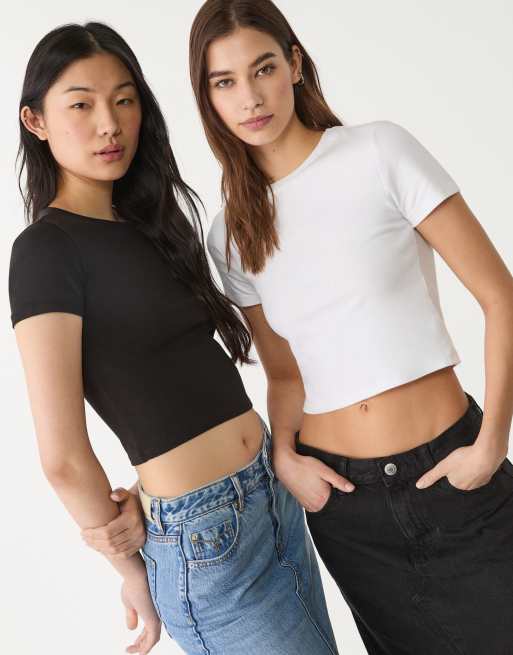 Stradivarius - Confezione da 2 T-shirt taglio corto in cotone nera e bianca