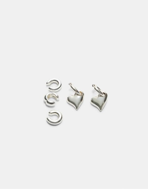 Stradivarius - Confezione da 3 orecchini ear cuff e un paio di orecchini a cuore tonalità grigia - view 1