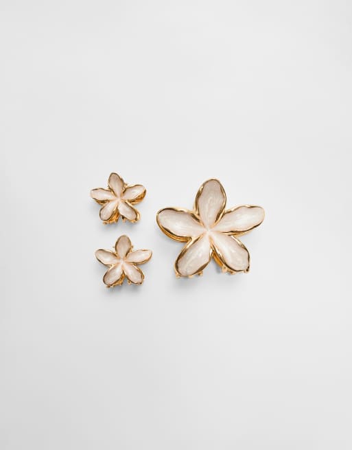 Stradivarius - Confezione da 3 pinze per capelli a forma di fiore écru