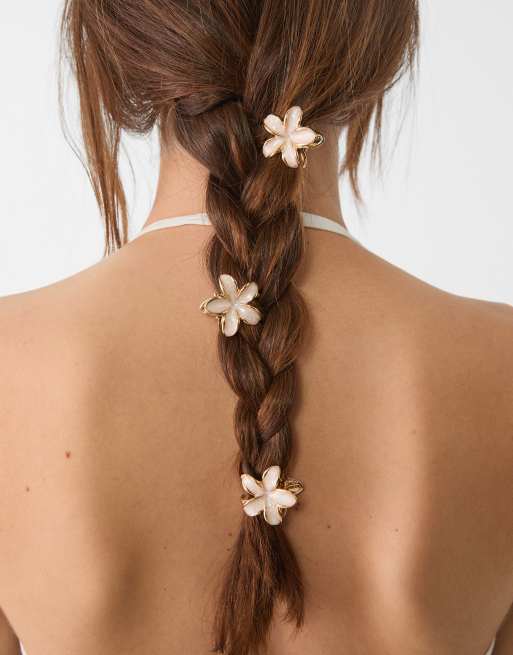 Stradivarius - Confezione da 6 fermagli per capelli piccoli a forma di fiore color écru