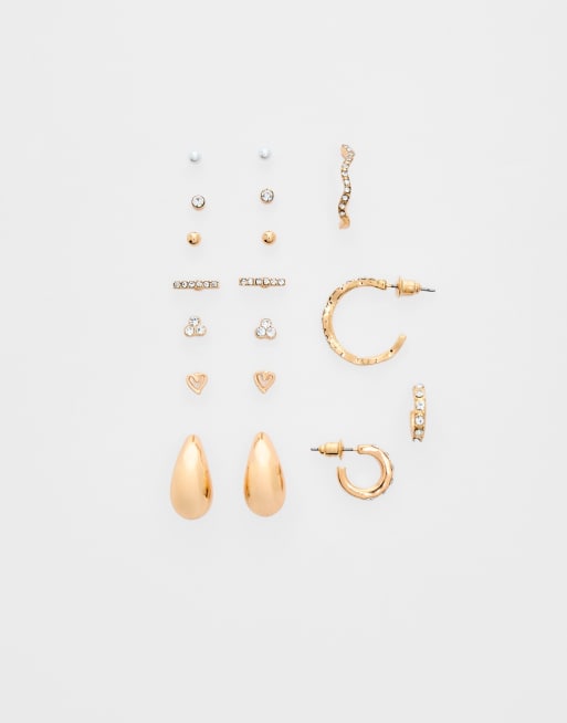 Stradivarius - Confezione da 9 orecchini piccoli a goccia color oro