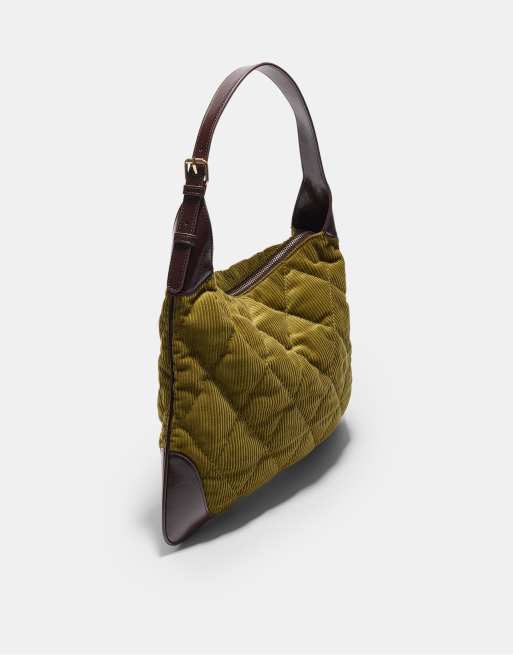 Stradivarius Contrast corduroy shoulder bag in olive green, 3 of 4