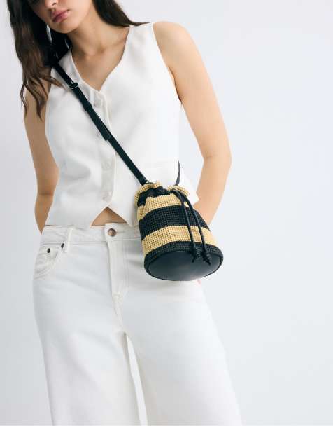 Stradivarius Contrast crochet crossbody bag in ecru - view 1