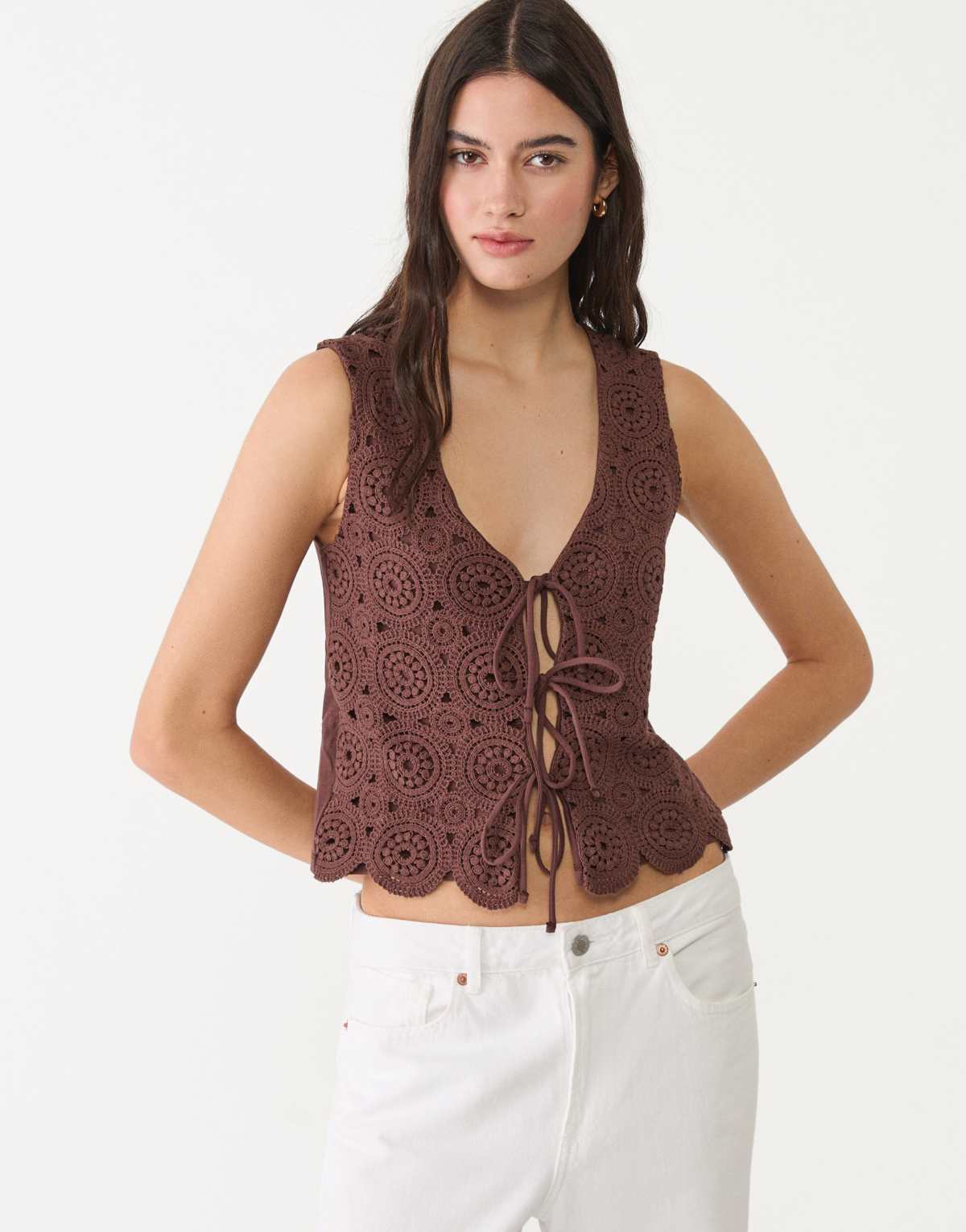 Stradivarius contrast crochet vest in brown