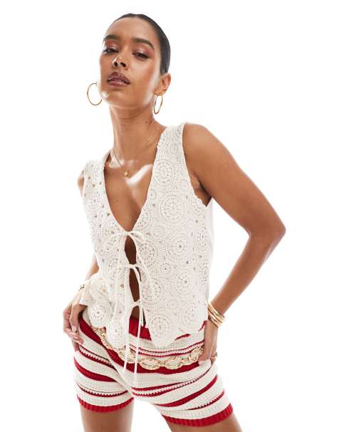 Stradivarius contrast crochet vest in stone