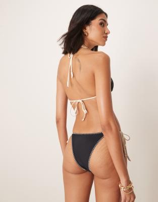 Stradivarius Contrast Detail Tie Side Bikini Bottom In Black