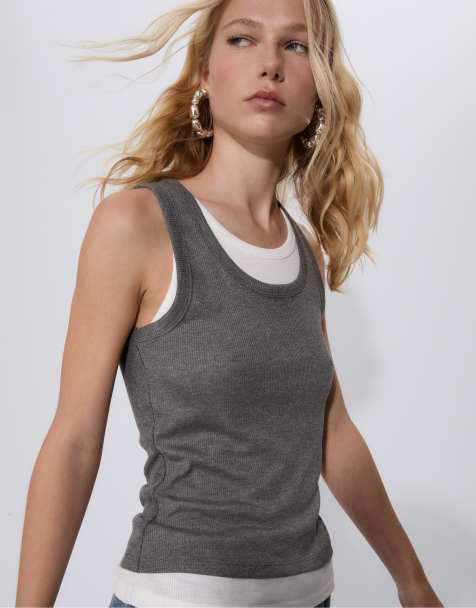 Stradivarius Contrast double racerback t-shirt in dark grey - view 1