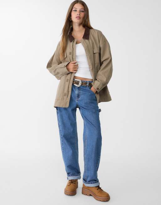 Stradivarius Contrast jacket with pockets in khaki, 3 of 4