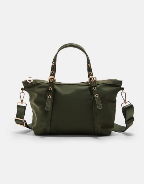 Stradivarius Contrast mini crossbody shopper bag in khaki - view 1