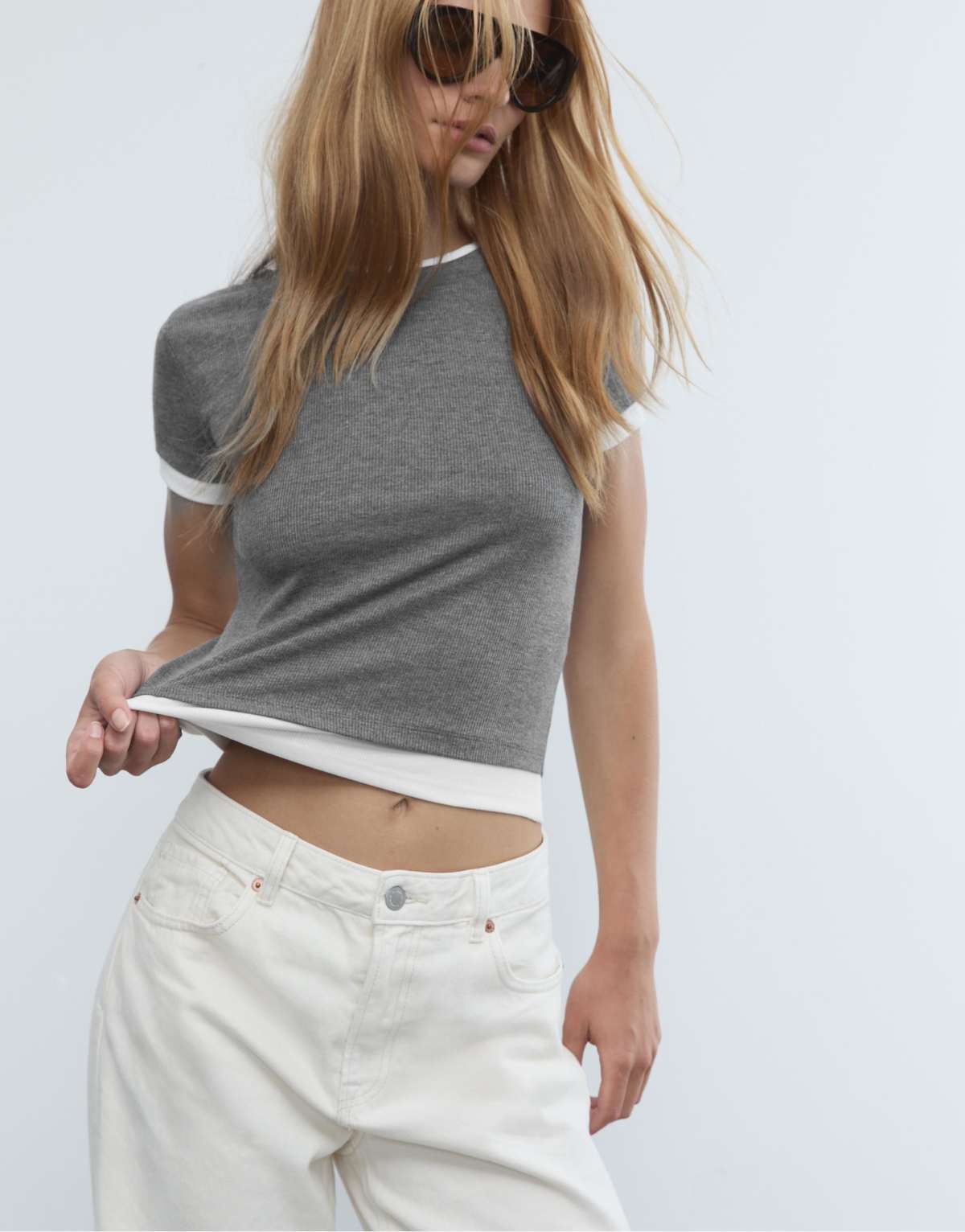 Stradivarius Contrast mock layer t-shirt in dark grey
