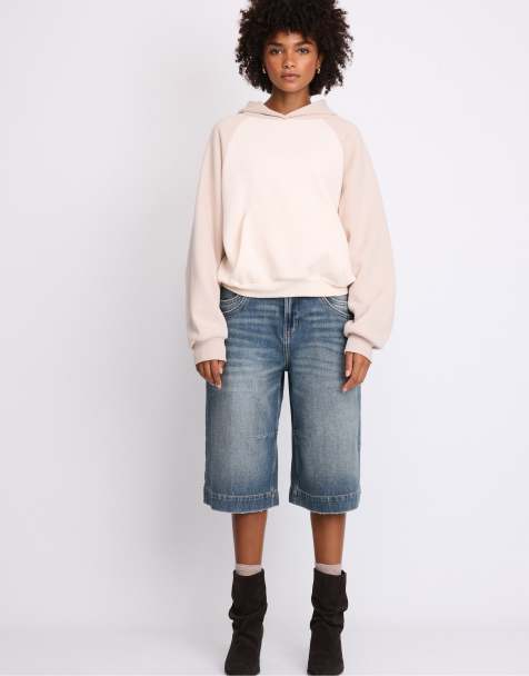 Stradivarius Contrast raglan sleeve hoodie in stone - view 1