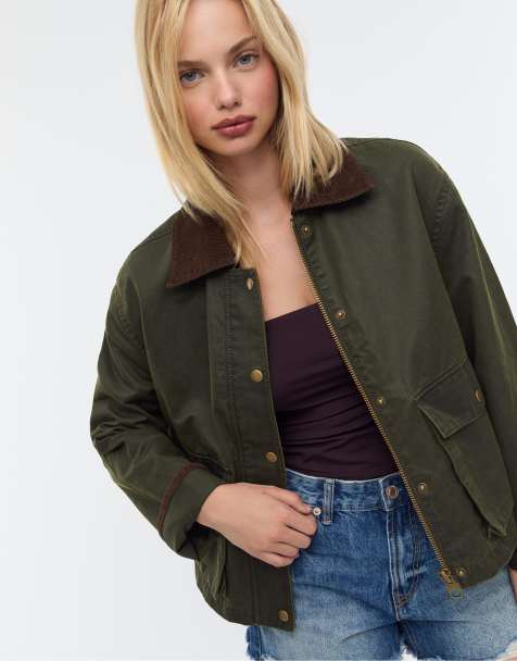 Stradivarius Contrast short waxed parka in khaki