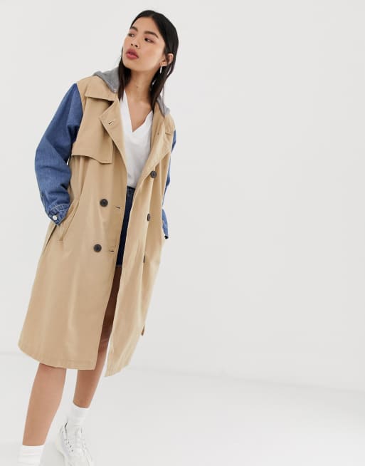 Stradivarius contrast sleeve mac with detachable hood in beige | ASOS