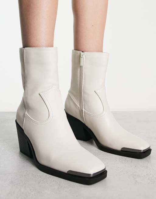 Stradivarius contrast sole western ankle boot in ecru | ASOS