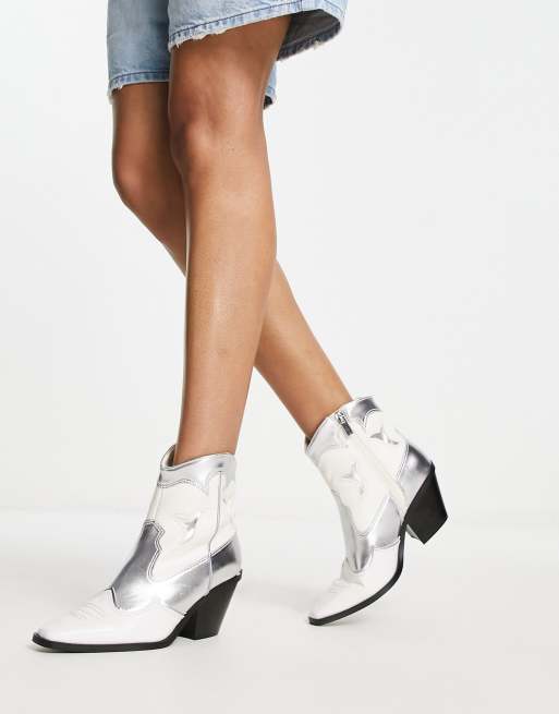 Stradivarius contrast sole western ankle boots in silver 