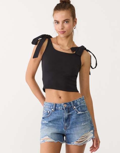 Stradivarius contrast top with ties in black