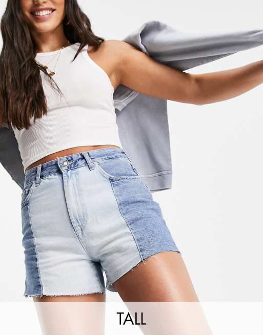 Stradivarius contrast two tone denim shorts with raw hem in blue