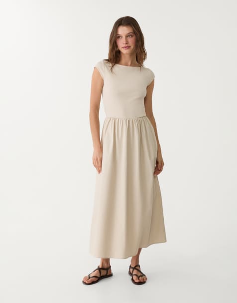 Stradivarius contrasting midi dress in stone - view 1