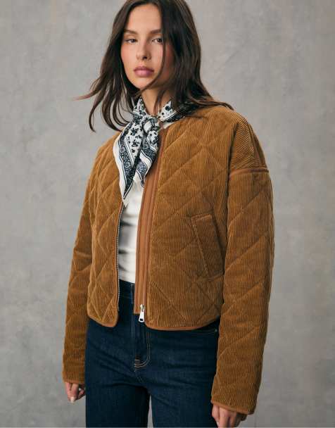 Stradivarius Corduroy puffer jacket in pale camel - view 1