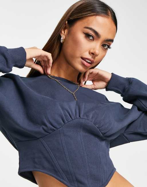 Stradivarius corset detail sweatshirt in navy