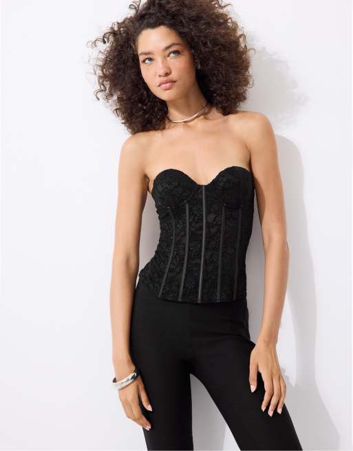 Stradivarius - Corset en dentelle à baleines - Noir, 2 de 7