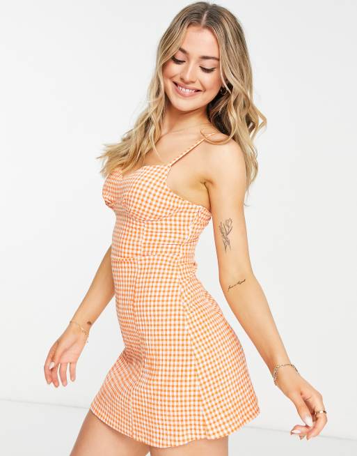 Stradivarius corset mini dress in orange gingham 
