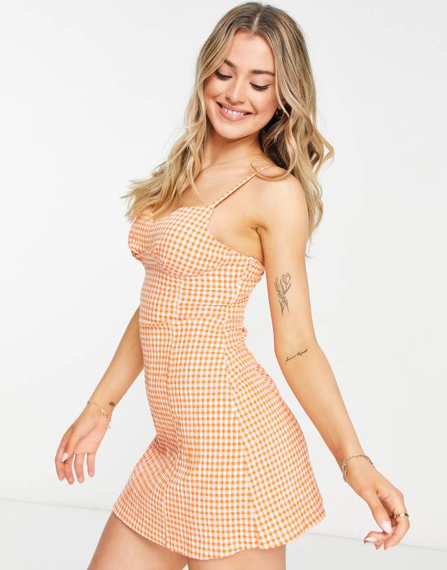 Stradivarius corset mini dress in orange gingham