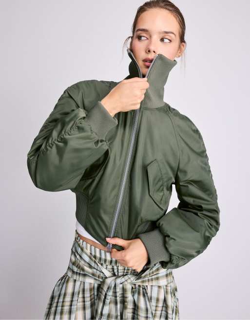Stradivarius Corset-style bomber jacket in khaki, 2 of 7