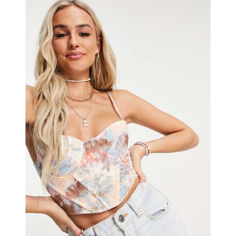 Stradivarius corset top in beige tie dye print | ASOS