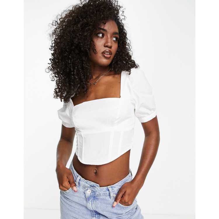 Stradivarius corset top with puff sleeve in ivory