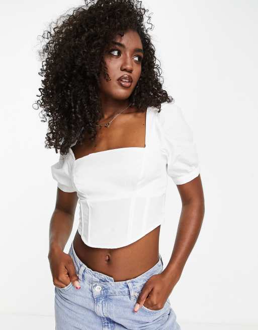 Stradivarius corset top with puff sleeve in ivory ASOS