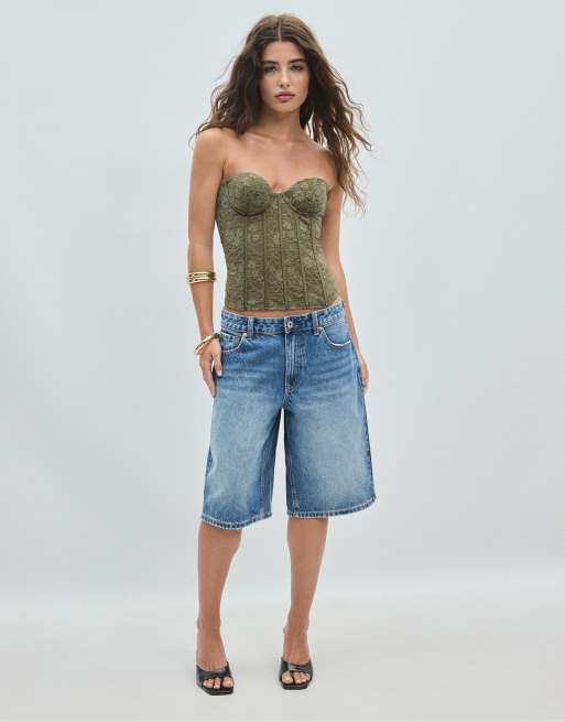 Stradivarius corsetto in pizzo con stecche, color kaki