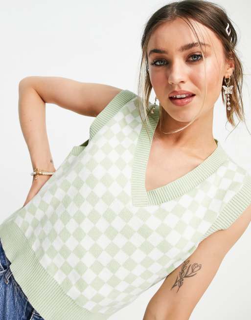 Stradivarius cotton knitted vest in green gingham ASOS